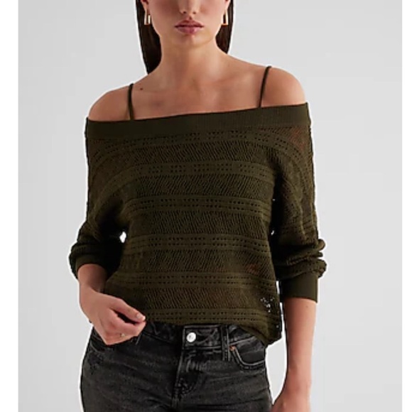 Express Tops - Relaxed Off The Shoulder Crochet Sweater- NWT M